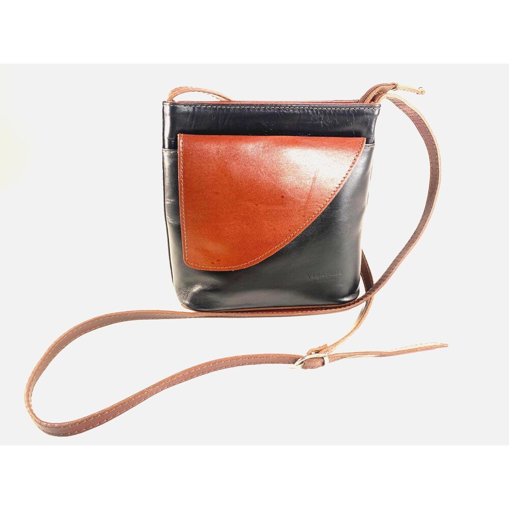 Vera Pelle Smooth Leather Crossbody Black and British Tan Adjustable Strap
